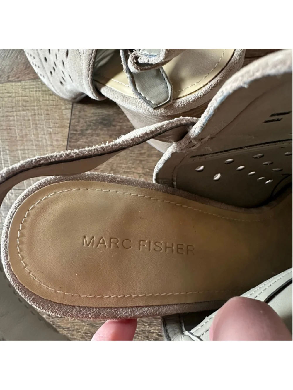Women's Marc Fisher Beige Perforated Peep Toe Slingback Wedges Size 11 Summer